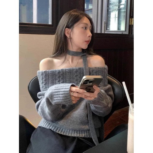 灰色慵懶高級感超好看一字肩掛脖毛衣女秋冬加厚設計感針織衫上衣