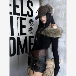 美式復古毛毛領斜肩y2k長袖T恤女秋冬性感辣妹修身內搭打底上衣