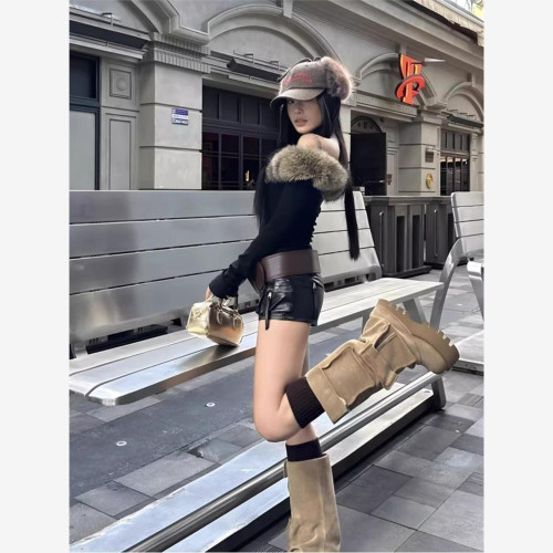 美式復古毛毛領斜肩y2k長袖T恤女秋冬性感辣妹修身內搭打底上衣