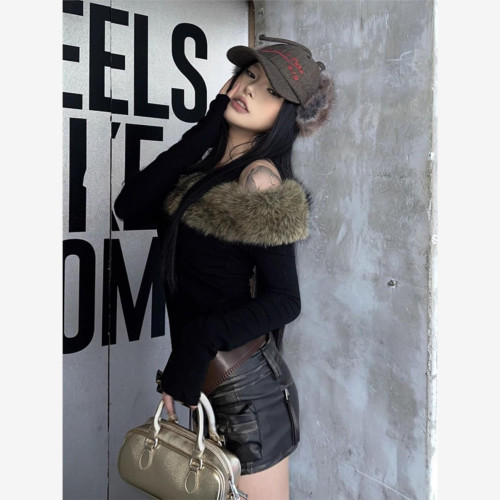 美式復古毛毛領斜肩y2k長袖T恤女秋冬性感辣妹修身內搭打底上衣