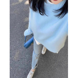 藍色圓領套頭毛衣女秋冬加厚內搭小個子軟糯針織衫寬松慵懶風上衣
