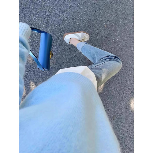 藍色圓領套頭毛衣女秋冬加厚內搭小個子軟糯針織衫寬松慵懶風上衣