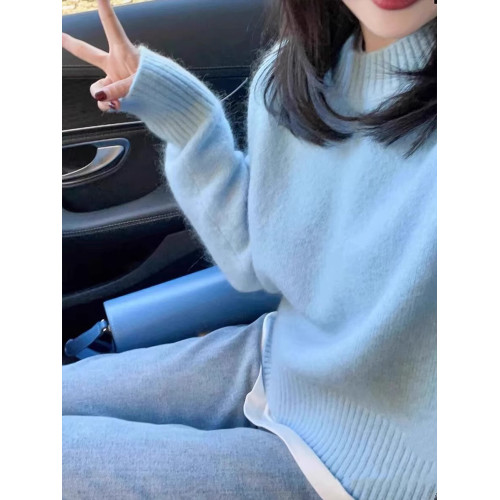 藍色圓領套頭毛衣女秋冬加厚內搭小個子軟糯針織衫寬松慵懶風上衣