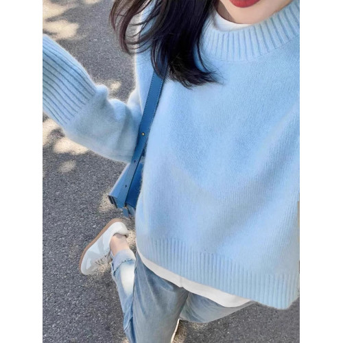 藍色圓領套頭毛衣女秋冬加厚內搭小個子軟糯針織衫寬松慵懶風上衣