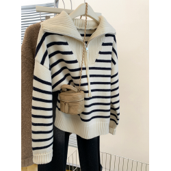 條紋浣熊絨海軍領半拉鍊針織毛衣女秋冬2025新款翻領加厚上衣秋冬