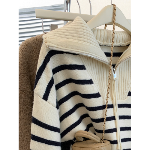 條紋浣熊絨海軍領半拉鍊針織毛衣女秋冬2025新款翻領加厚上衣秋冬