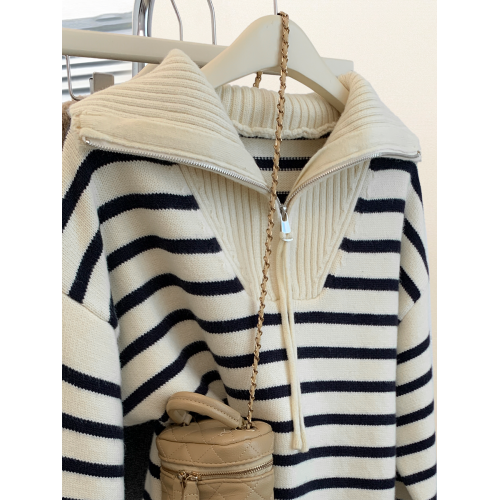 條紋浣熊絨海軍領半拉鍊針織毛衣女秋冬2025新款翻領加厚上衣秋冬