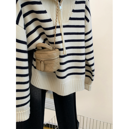 條紋浣熊絨海軍領半拉鍊針織毛衣女秋冬2025新款翻領加厚上衣秋冬