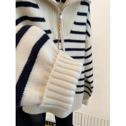 條紋浣熊絨海軍領半拉鍊針織毛衣女秋冬2025新款翻領加厚上衣秋冬