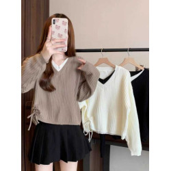 針織打底衫女內搭春秋冬小個子百搭顯瘦設計感上衣假兩件V領毛衣