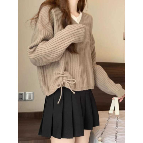 針織打底衫女內搭春秋冬小個子百搭顯瘦設計感上衣假兩件V領毛衣