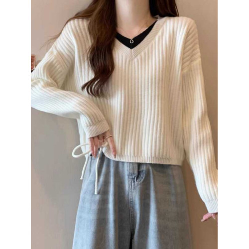 針織打底衫女內搭春秋冬小個子百搭顯瘦設計感上衣假兩件V領毛衣