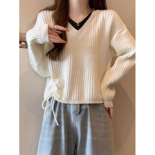 針織打底衫女內搭春秋冬小個子百搭顯瘦設計感上衣假兩件V領毛衣