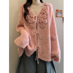 紅色立體花朵毛衣外套女2025秋冬大碼胖mm巨好看針織開衫聖誕上衣