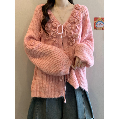 紅色立體花朵毛衣外套女2025秋冬大碼胖mm巨好看針織開衫聖誕上衣