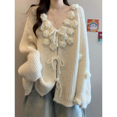 紅色立體花朵毛衣外套女2025秋冬大碼胖mm巨好看針織開衫聖誕上衣