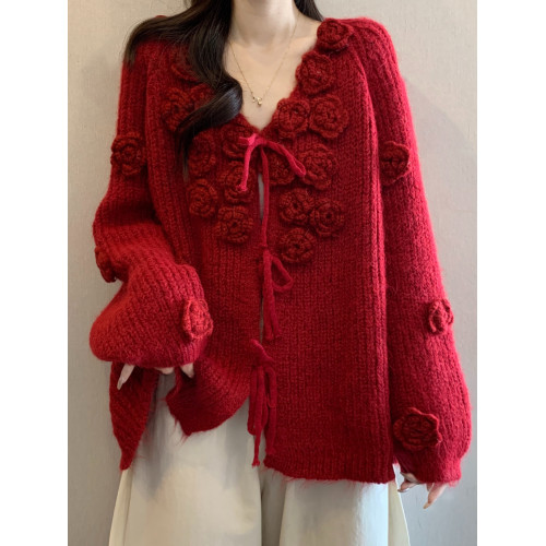 紅色立體花朵毛衣外套女2025秋冬大碼胖mm巨好看針織開衫聖誕上衣