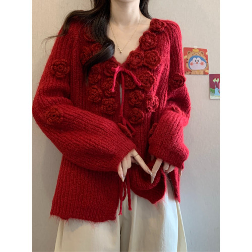 紅色立體花朵毛衣外套女2025秋冬大碼胖mm巨好看針織開衫聖誕上衣
