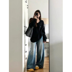 大碼v領黑色套頭毛衣女秋冬季2025新款寬松軟糯慵懶風針織衫上衣