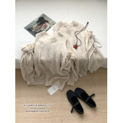 RENA乖妹速成軟糯舒適露肩抽褶系帶針織衫女秋毛衣寬松氛圍感上衣