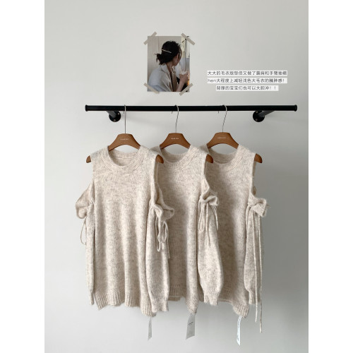 RENA乖妹速成軟糯舒適露肩抽褶系帶針織衫女秋毛衣寬松氛圍感上衣