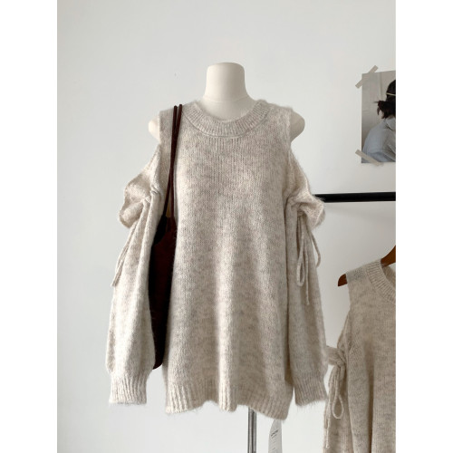 RENA乖妹速成軟糯舒適露肩抽褶系帶針織衫女秋毛衣寬松氛圍感上衣