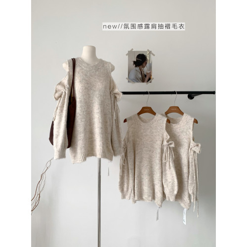 RENA乖妹速成軟糯舒適露肩抽褶系帶針織衫女秋毛衣寬松氛圍感上衣