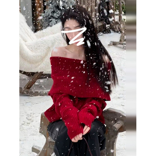 聖誕紅色一字肩毛衣女秋冬2025新款高級感針織內搭打底衫露肩上衣