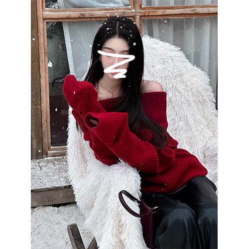 聖誕紅色一字肩毛衣女秋冬2025新款高級感針織內搭打底衫露肩上衣