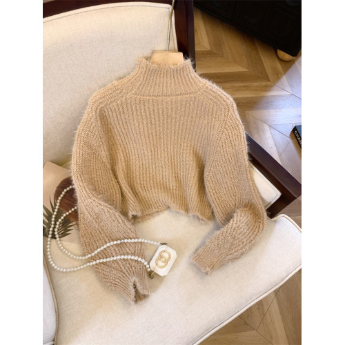 美拉德穿搭高領套頭短款毛衣女秋季季小個子寬松軟糯海馬毛針織衫