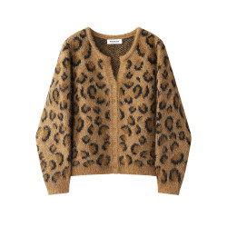 XinmonLee高級慵懶風豹紋美拉德毛衣開衫秋冬季復古短款顯瘦外套