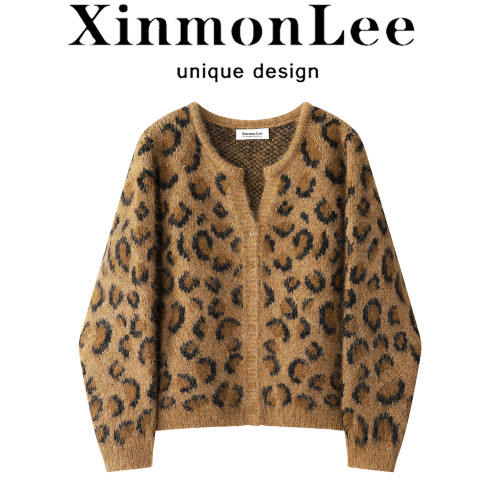 XinmonLee高級慵懶風豹紋美拉德毛衣開衫秋冬季復古短款顯瘦外套