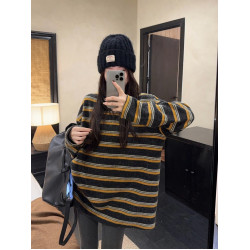慵嬾風撞色條紋圓領長袖毛衣女裝冬季寬鬆針織衫百搭chic打底上衣