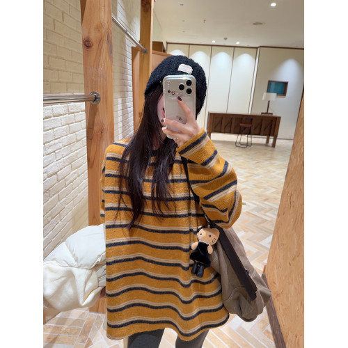 慵嬾風撞色條紋圓領長袖毛衣女裝冬季寬鬆針織衫百搭chic打底上衣