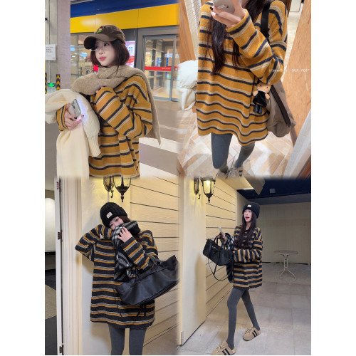 慵嬾風撞色條紋圓領長袖毛衣女裝冬季寬鬆針織衫百搭chic打底上衣