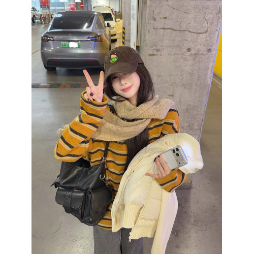 慵嬾風撞色條紋圓領長袖毛衣女裝冬季寬鬆針織衫百搭chic打底上衣