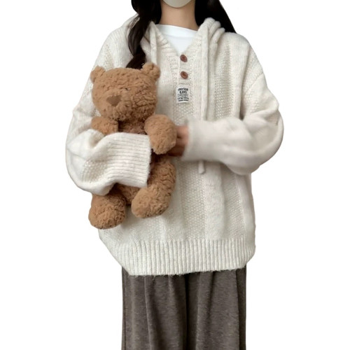 軟糯連帽套頭針織毛衣女秋冬春秋季外穿寬松慵懶加厚上衣衛衣外套