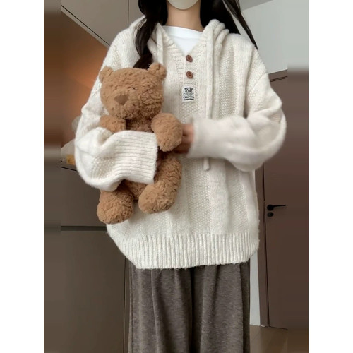 軟糯連帽套頭針織毛衣女秋冬春秋季外穿寬松慵懶加厚上衣衛衣外套