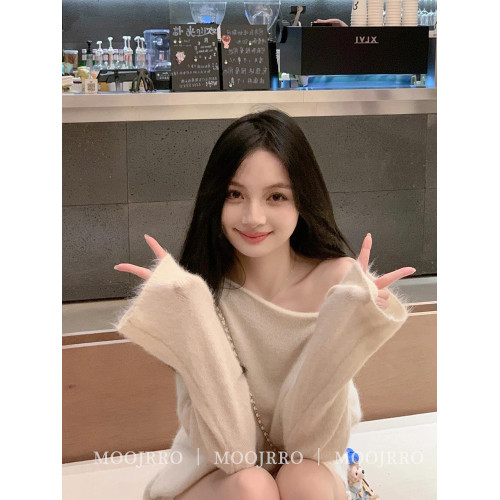 斜肩浣熊絨套頭毛衣女秋季寬松慵懶風高級感氣質一字肩針織衫上衣