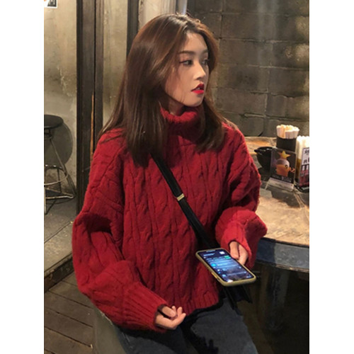 高領麻花毛衣少女秋冬裝2025新款初中高中學生加厚慵懶復古針織衫