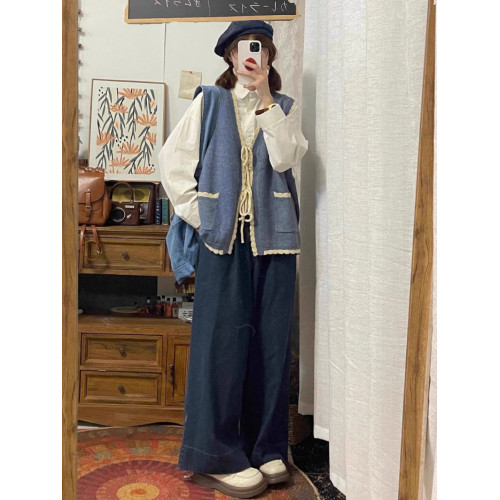 胖MM200斤特大碼女學院風針織毛衣開衫馬甲背心長袖襯衫兩件套秋