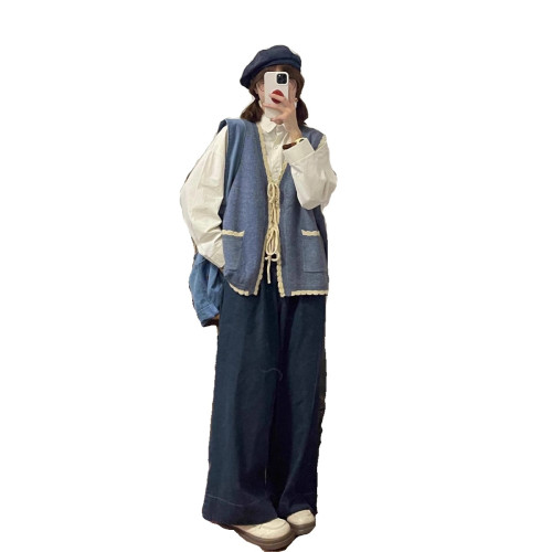 胖MM200斤特大碼女學院風針織毛衣開衫馬甲背心長袖襯衫兩件套秋