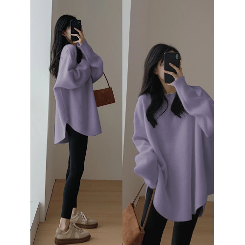 紫色中長款寬松針織衫茶裡茶氣別致上衣外套多巴胺軟糯毛衣女秋季