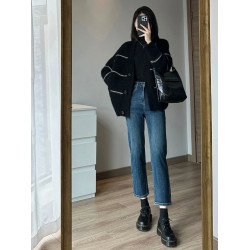 條紋黑色毛衣外套女秋冬寬松慵懶風中長款加厚氣質針織開衫上衣