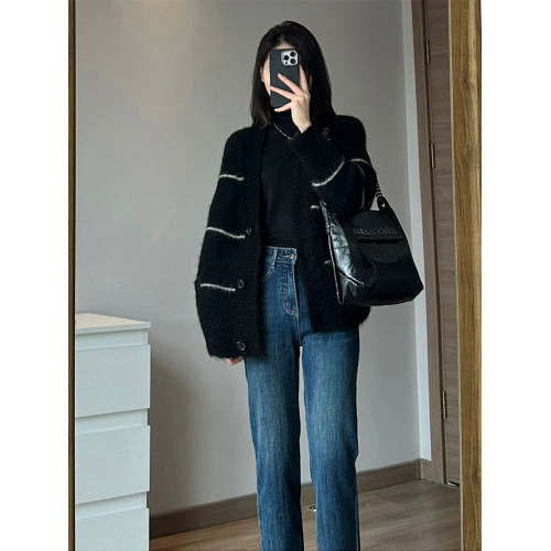 條紋黑色毛衣外套女秋冬寬松慵懶風中長款加厚氣質針織開衫上衣