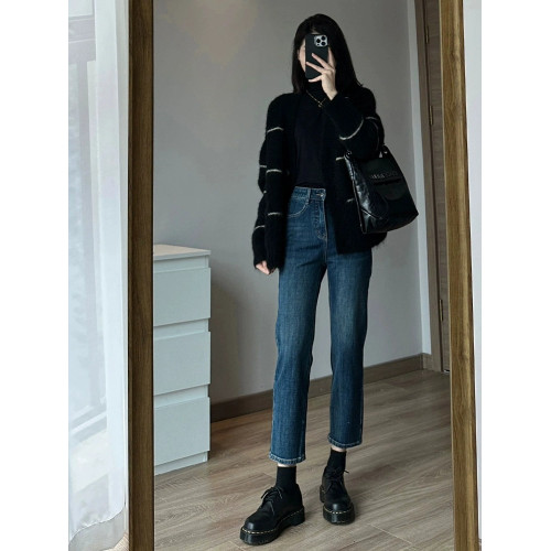 條紋黑色毛衣外套女秋冬寬松慵懶風中長款加厚氣質針織開衫上衣