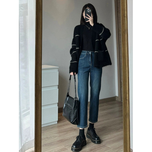 條紋黑色毛衣外套女秋冬寬松慵懶風中長款加厚氣質針織開衫上衣