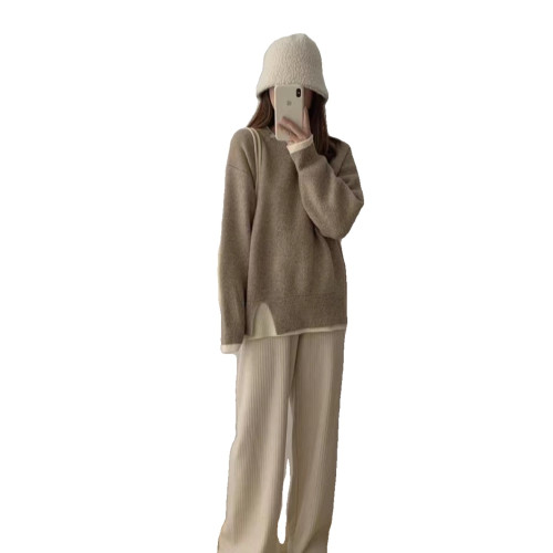 中長款毛衣女秋冬季外穿2025新款韓系寬松慵懶風假兩件針織衫加厚