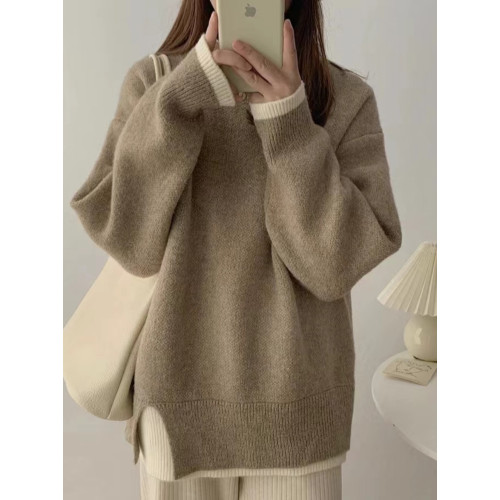 中長款毛衣女秋冬季外穿2025新款韓系寬松慵懶風假兩件針織衫加厚