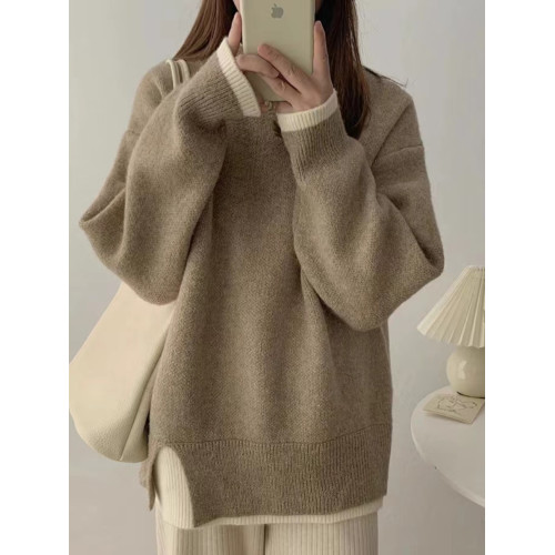 中長款毛衣女秋冬季外穿2025新款韓系寬松慵懶風假兩件針織衫加厚